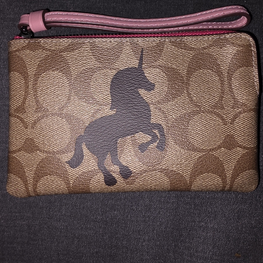 Coach Brown Wristlet with Unicorn Design